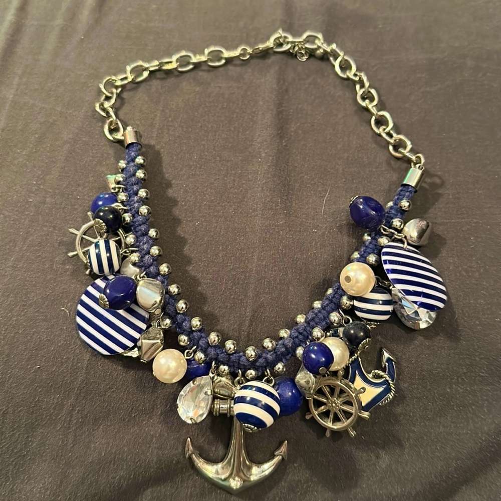 Nautical necklace. Navy blue & white with bling Silver colored metal